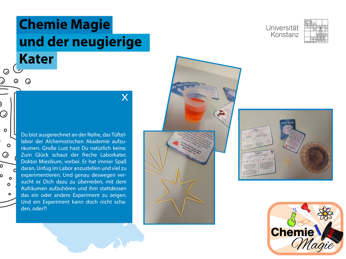 Beschreibung "Chemie Magie und der neugierige Kater" Spielkarten, Holzstäbchen als Stern und mit Lösung gefüllter Behälter