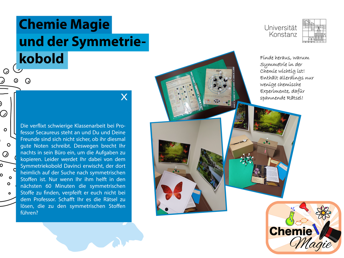 Beschreibung "Chemie Magie und der Symmetriekobold" mit verschiedenen Beispiel um herauszufinden ob etwas symmetrisch ist oder nicht